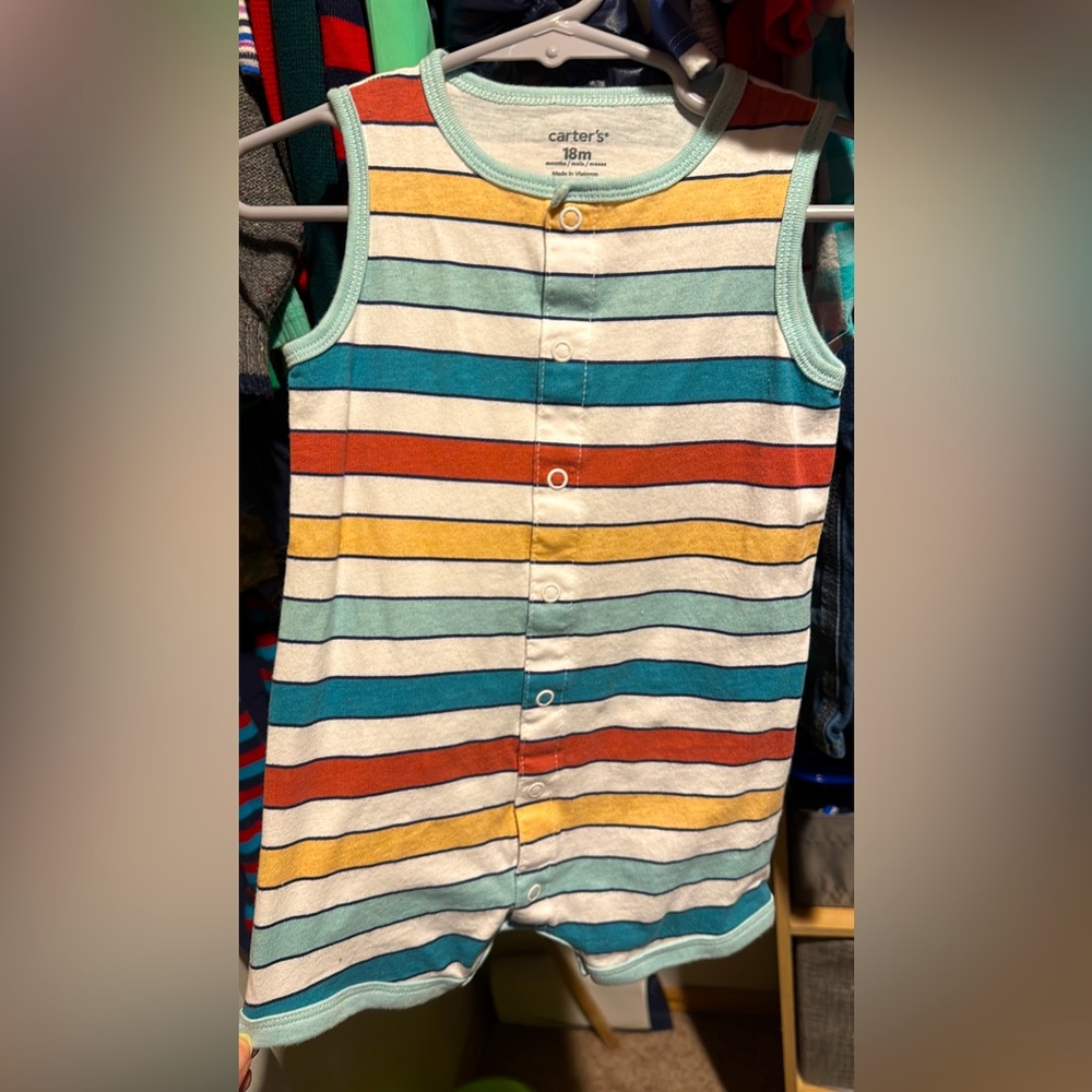 18m Carter’s Shorty Romper Rainbow Stripes w/ shark